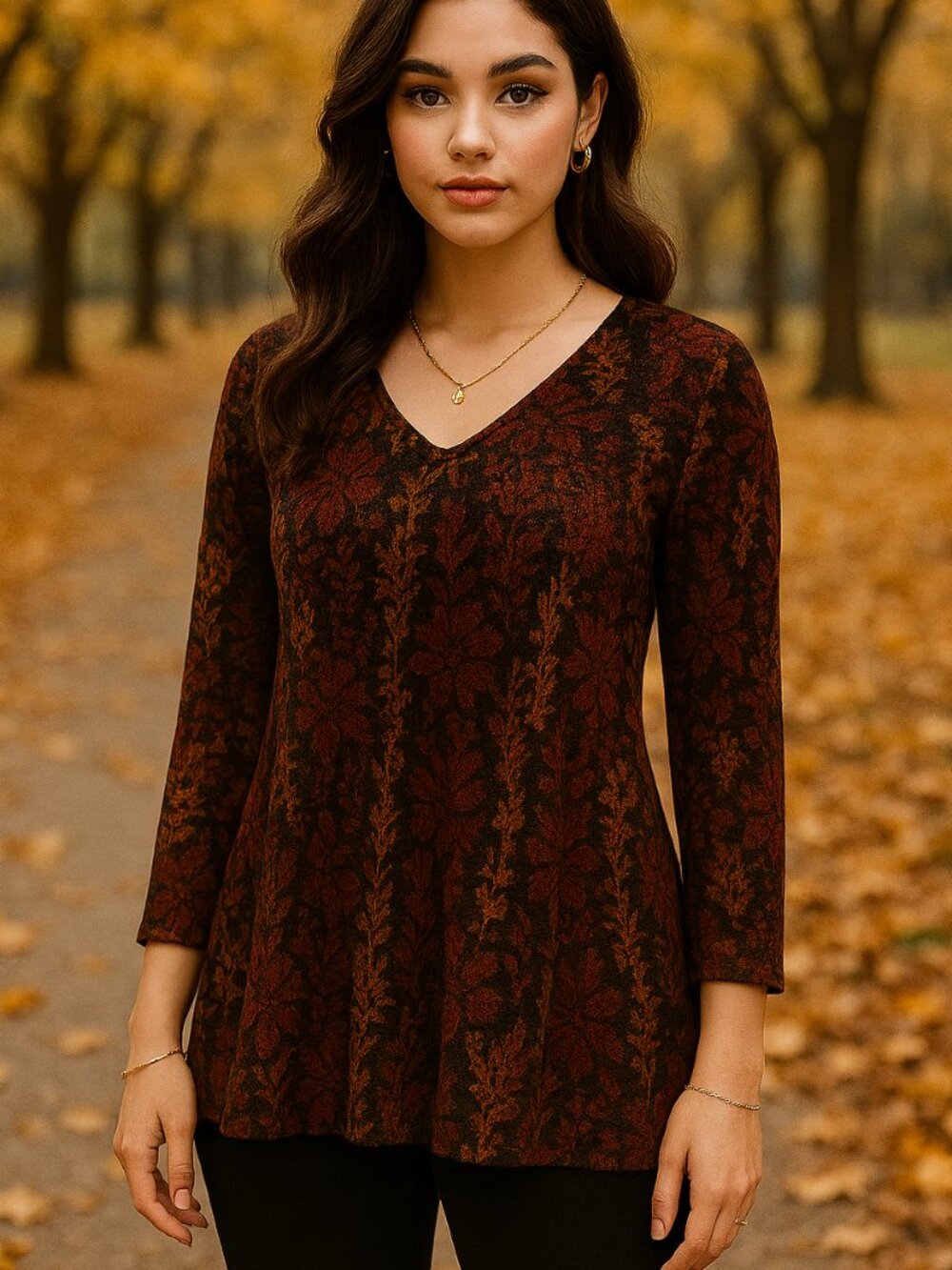 Sarah Bentley 3X Floral Boho Tunic Top Burgundy Rust Gold V-Neck Knit